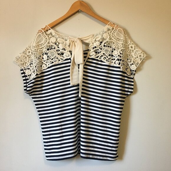 Whimsigoth Black & White Stripe and Crochet Lace Shoulder Tie Back Top - Picture 5 of 13